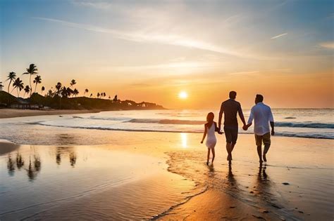 Una Familia Camina Por La Playa Al Atardecer Foto Premium