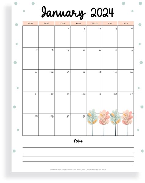 January 2024 Calendar Printable3 Lemons Lattes