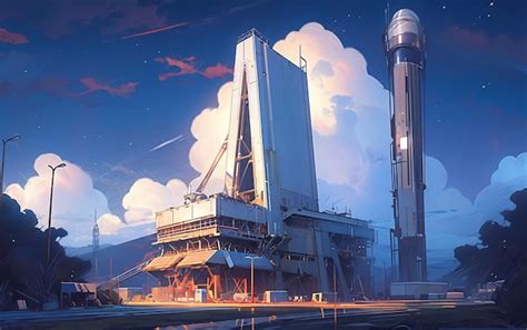 Premium AI Image | A painting of a rocket ship with a large tower in ...