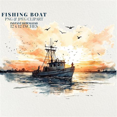 Fishing Boat Watercolor PNG Commercial Use Clip Art Fisherman Clipart