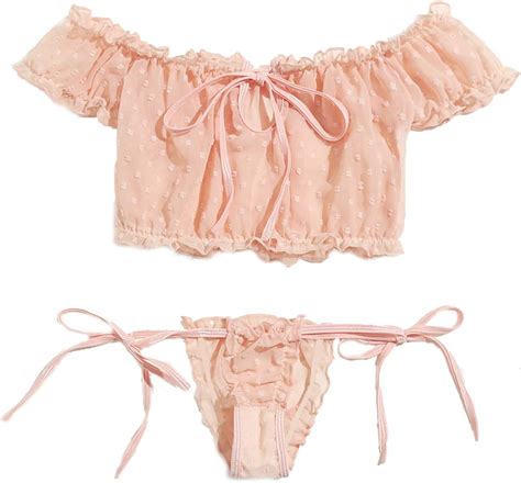 Shein Women S Self Tie Ruffle Trim Dobby Mesh Lingerie Set Sexy Bra And