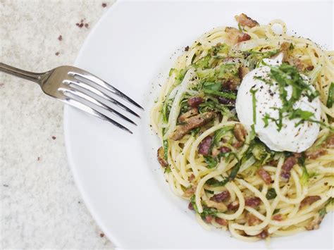 Spaghetti Carbonara With Cabbage And Poached Eggs Recipe Eat Smarter Usa