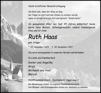 Traueranzeigen Von Ruth Haas Wirtrauern