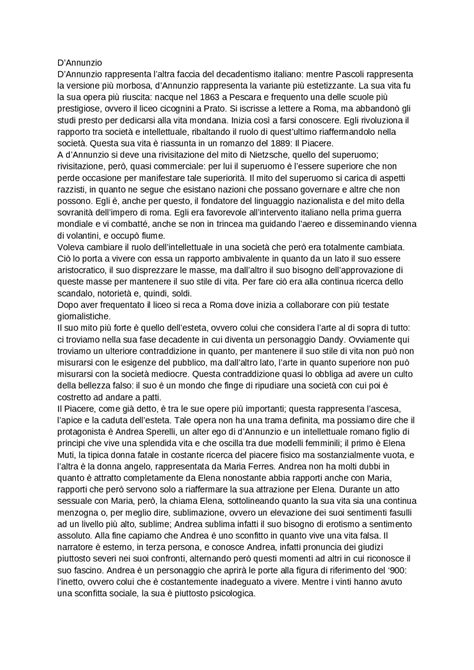 Sintesi Su Gabriele Dannunzio Sintesi Del Corso Di Italiano Docsity