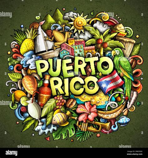 Puerto Rico Dibujo Animado Doodle Ilustración Divertido Diseño Puertorriqueño Fondo De Vector