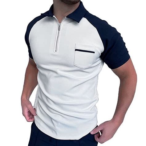 Wuwuqf Polo Shirts For Men Casual Zipper Turn Down Collar Blouse Sleeve Splice Pocket Polos