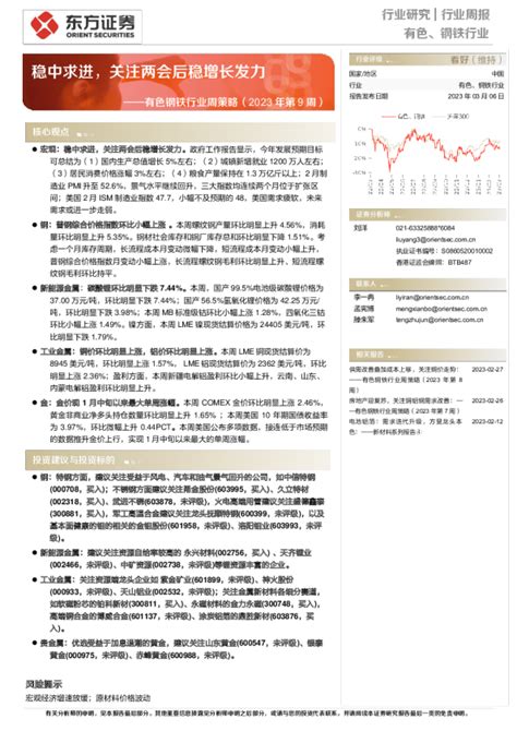 有色钢铁行业周策略（2023年第9周）：稳中求进，关注两会后稳增长发力