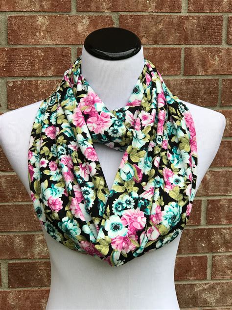 Floral Scarf Infinity Scarf Pink Teal Olive Black Scarf Roses Etsy