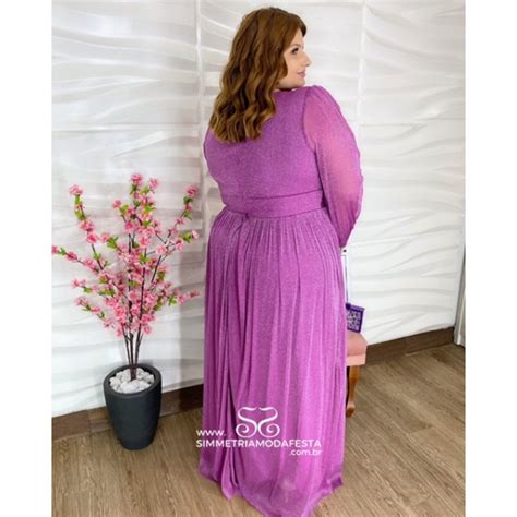 VESTIDO PLUS SIZE FÚCSIA MANGA LONGA DECOTE TRANSPASSADO EM LUREX