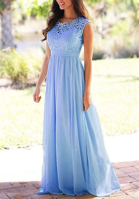 Blaue Spitze Plissee R Ckenfreies Rmellos Elegante Maxikleid F R