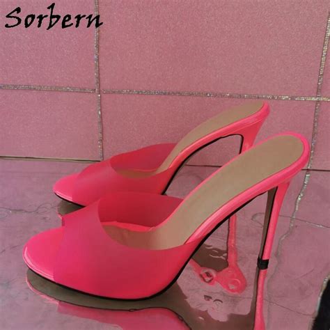 Sorbern Noen Pink Women Slipper Frosted Pvc Slides For Crossdressers Stilettos High Heel Evening