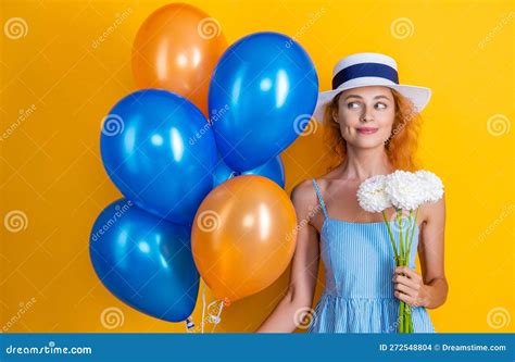 Smiling Birthday Girl With Balloons And Flowers In Studio Birthday