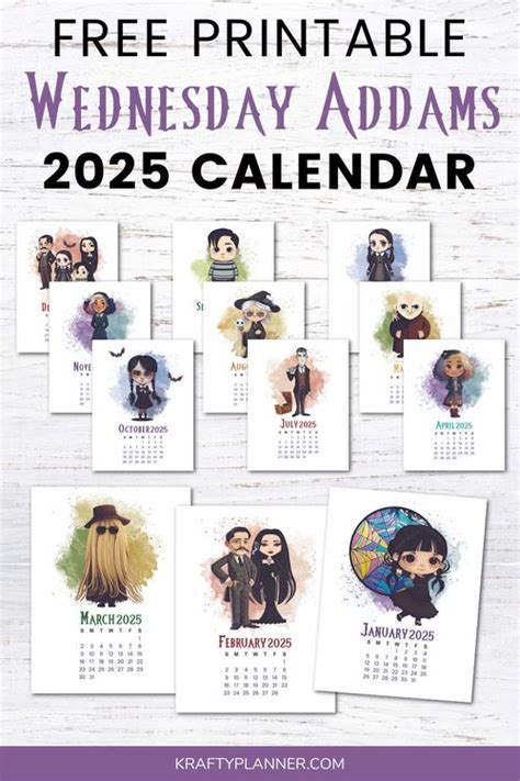 2025 Wednesday Addams Printable Calendar — Krafty Planner