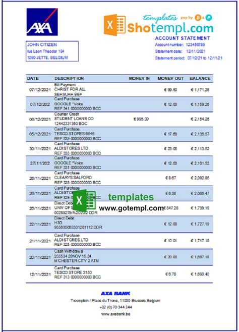 Belgium AXA Bank Statement Easy To Fill Template In Xls And Pdf File