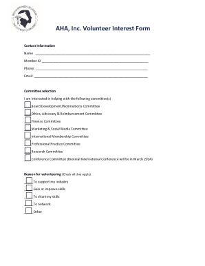 Fillable Online AHA Inc Volunteer Interest Form Fax Email Print