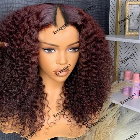 Plum Kinky Curly Human Hair Fully Machine Made V Part Wig For Black