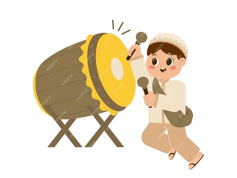 Premium Vector Happy Muslim Boy Hitting Bedug Drum Illustration