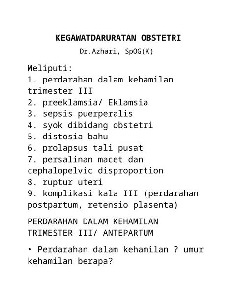 DOC Handout Kegawatdaruratan Obstetri DOKUMEN TIPS