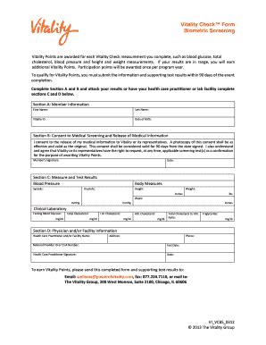 Fillable Online Vitality Check Form Biometric Screening Power Of