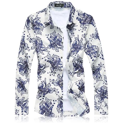 Cigna White Long Sleeved Men Flower Shirt Asia Size S 7xl Mens Shirts