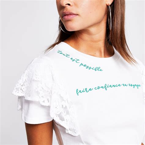 River Island Womens White Script Embroidered Lace Sleeve T Shirt Lace