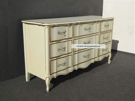 Vintage French Provincial Dixie Off White & Gold Triple Dresser Brass Hardware