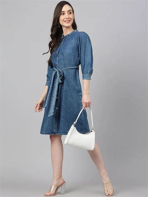 Janasya Women S Blue Denim Solid Straight Western Dress At Rs