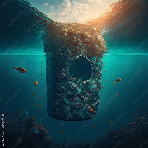 Illustration of marine debris, underwater trash in the ocean. Concept ...