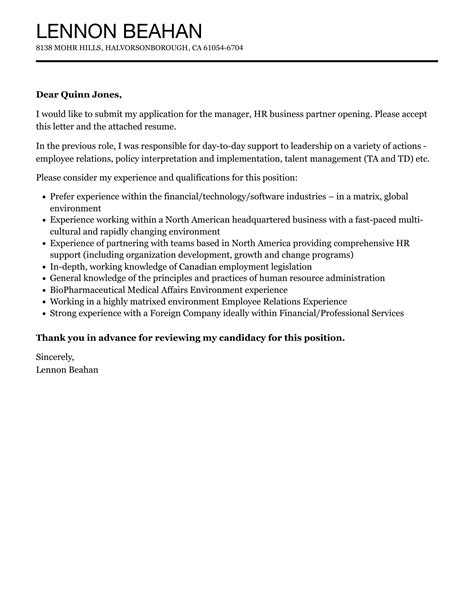 Manager Hr Business Partner Cover Letter Velvet Jobs