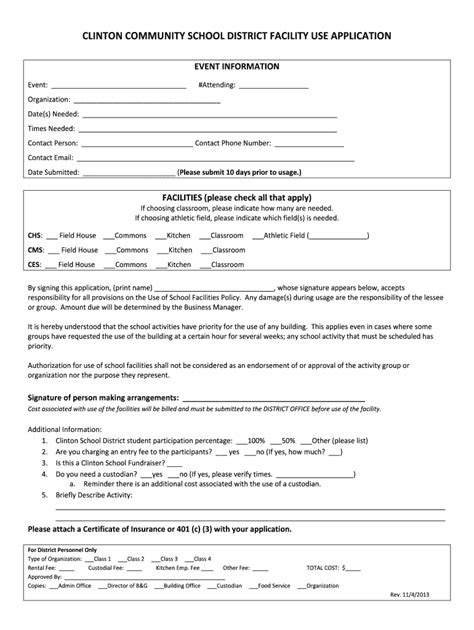 Fillable Online Clinton K Wi Facility Use Form Printable Pdf