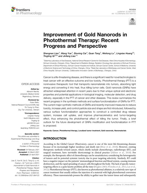 Pdf Improvement Of Gold Nanorods In Photothermal Therapy Recent Progress And Perspective