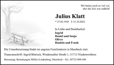 Traueranzeigen Von Julius Klatt Trauer Anzeigen De