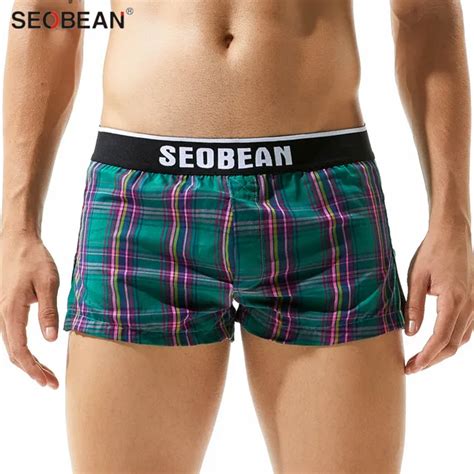 Seobean 100 Cotton Underwear Men Grid Underpants Boxer Shorts Men Home