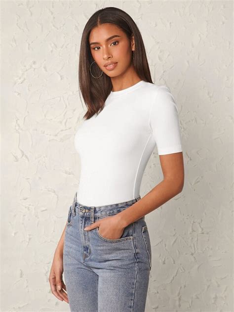 Shein Basics Cotton Solid Form Fitted Tee Shein Usa