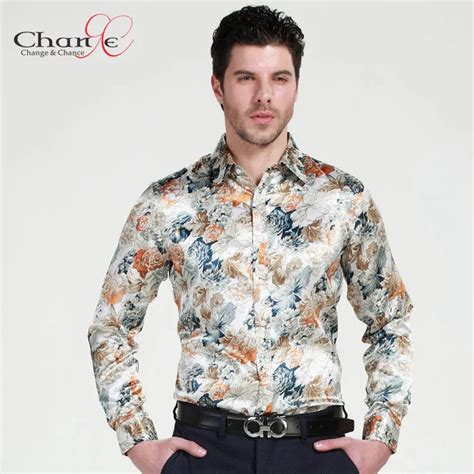 Quality Mens Floral Print Shirt Mens Long Sleeve Silk Shirts 2015 Plus