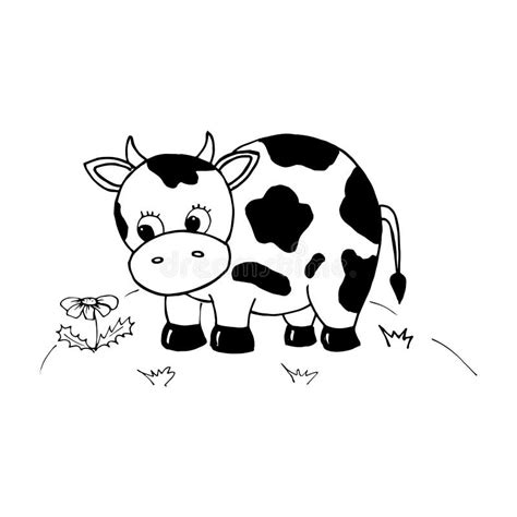 Cow. Cute Cow in the Meadow. Character in Cartoon Style. Black and ...