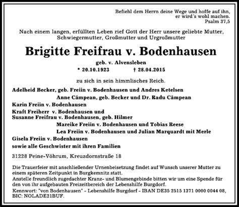 Traueranzeigen Von Brigitte Freifrau V Bodenhausen Trauer Anzeigen De