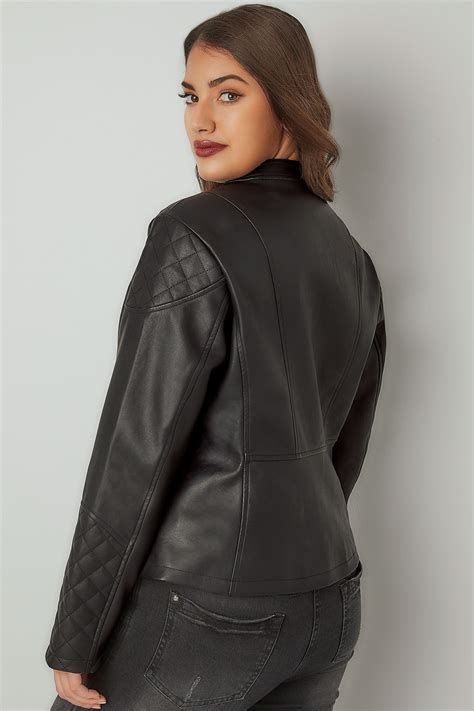 Black Faux Leather Jacket With Quilted Shoulders Plus Size 16 To 36