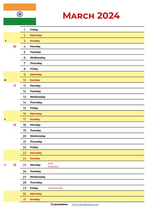 March 2024 Calendar India With Holidays By Calendarena Medium