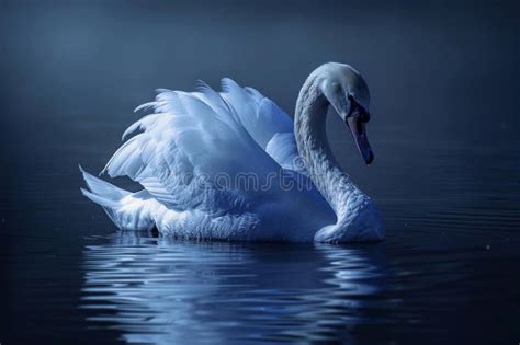 Beautiful White Swan Swimming On Water At Night Stock Image Image Of