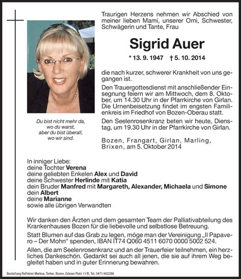 Traueranzeigen Von Sigrid Auer Trauer Bz