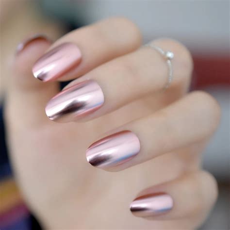 24pcskit Round Pink Matte Metallic Nail Medium Full Cover Mirror Fake Nail Tips Manicure