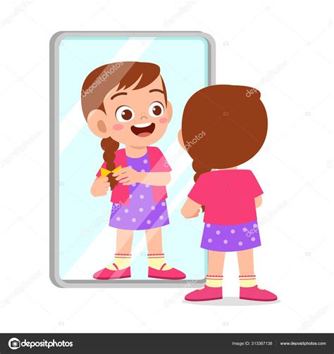 Heureux Mignon Enfant Fille Utiliser Miroir Le Matin Image Vectorielle