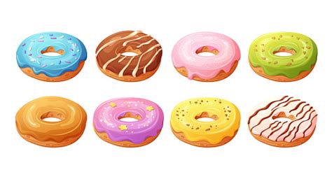 Set Of Yummy Donuts With Colorful Glaze Vector Cartoon Illustration Of Bakery Desserts Food