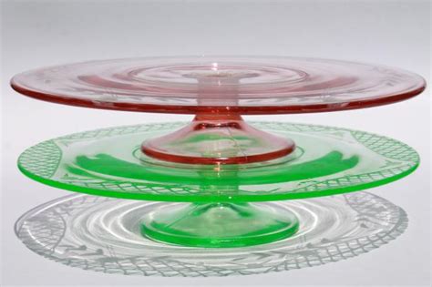 Vintage Pink Green Depression Glass Cake Stands Etched Glass