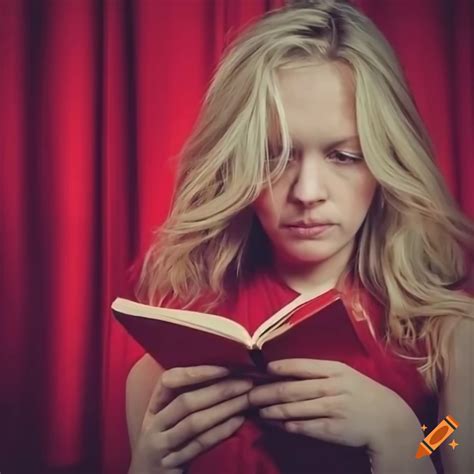 Portrait Of A Blonde Woman Reading A Book In Front Of A Red Curtain On