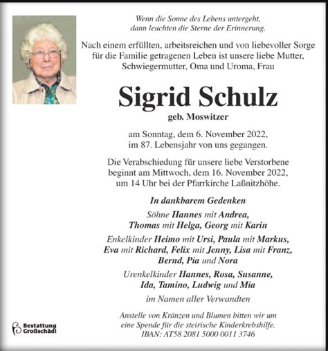 Traueranzeigen Von Sigrid Schulz Trauer Kleinezeitung At