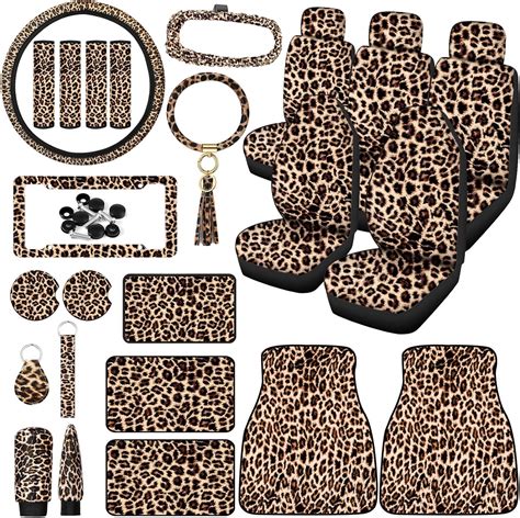 26 Pieces Leopard Print Car Accessories Set Leopard Seat Covers Full