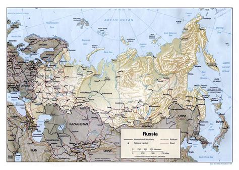 Large political map of Russia with relief, roads, railroads and major ...