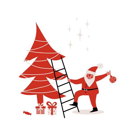 Santa Claus Decorating Christmas Tree Cute Vector Illustration